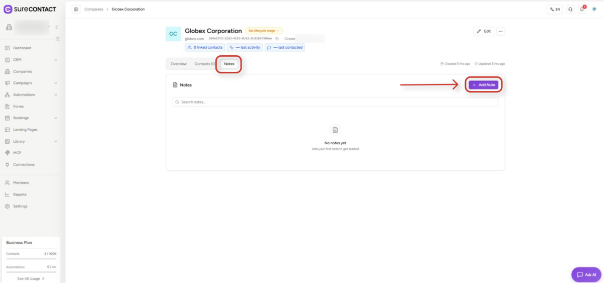 crm platform company notes page