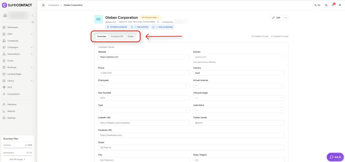 company profile details in crm software interface