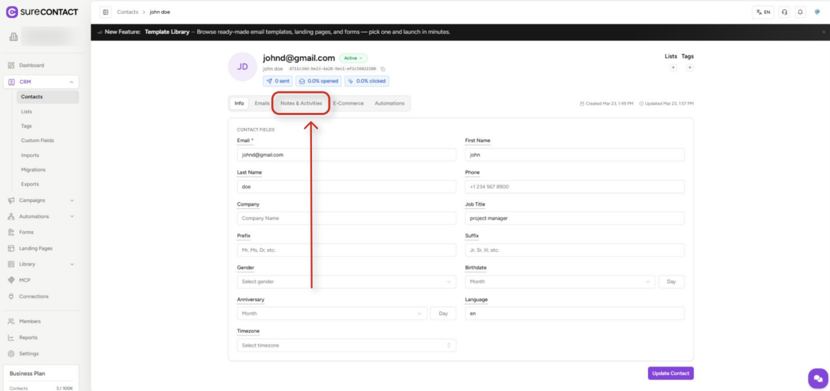 contact profile interface in crm application
