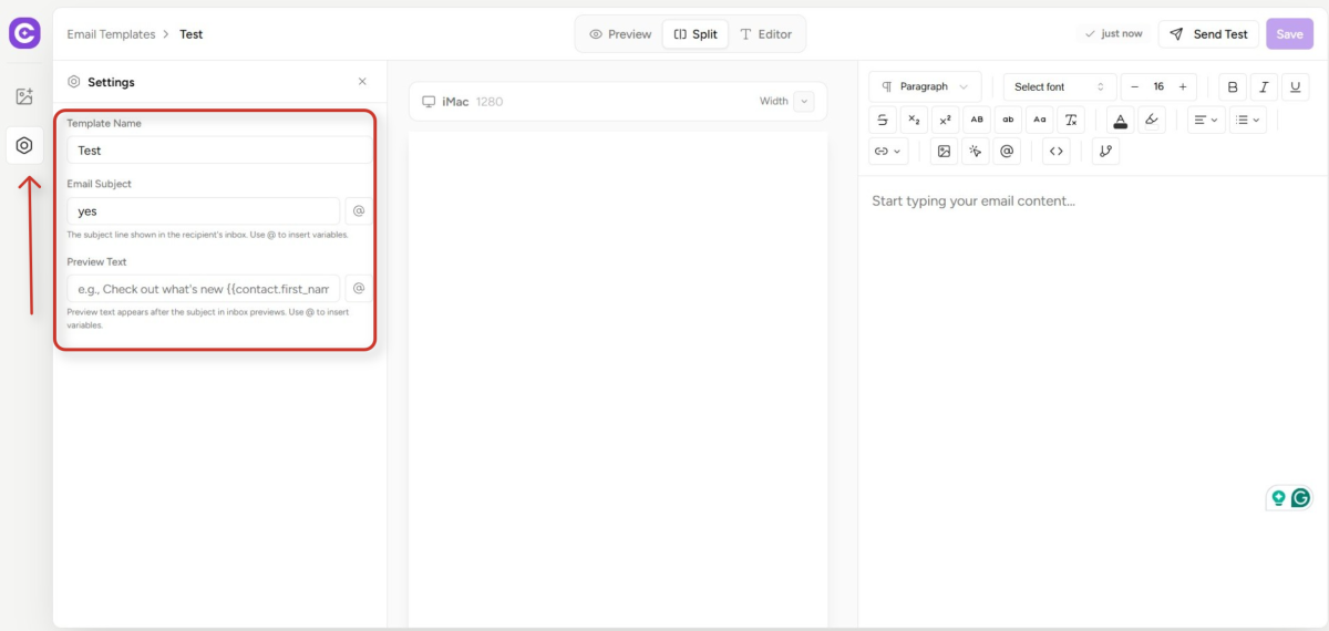 email template editor interface