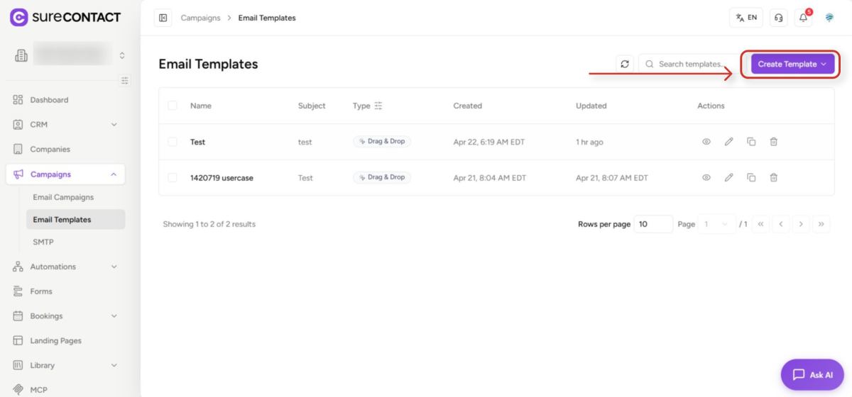 email templates management dashboard