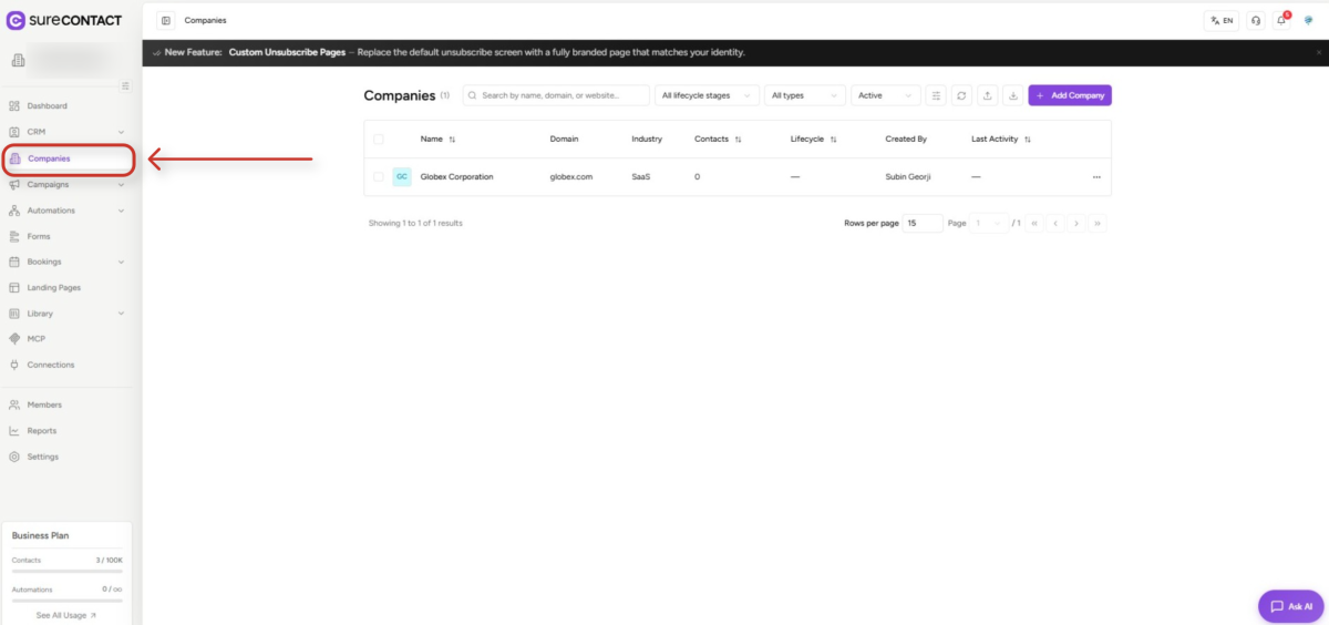 surecontact crm companies dashboard