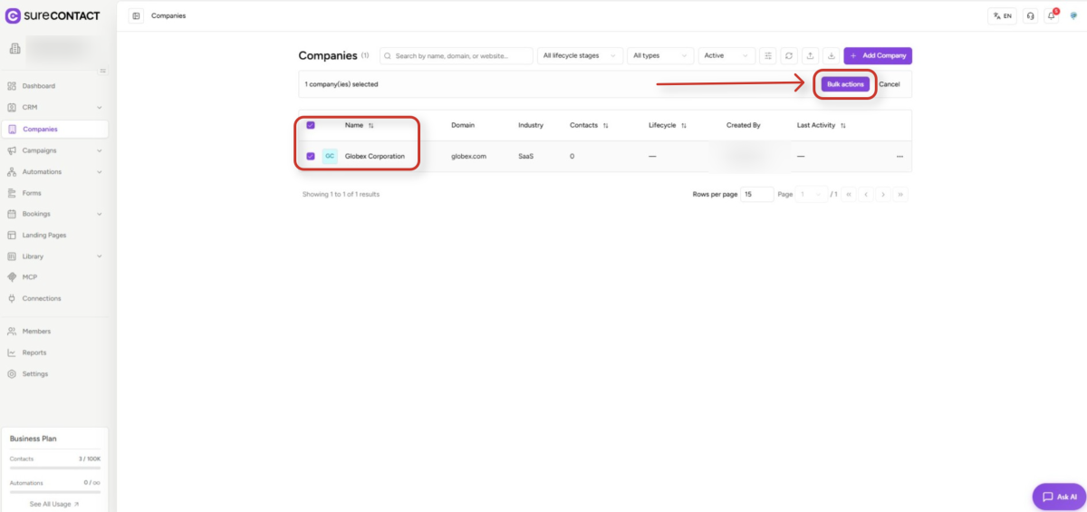 surecontact crm companies list view