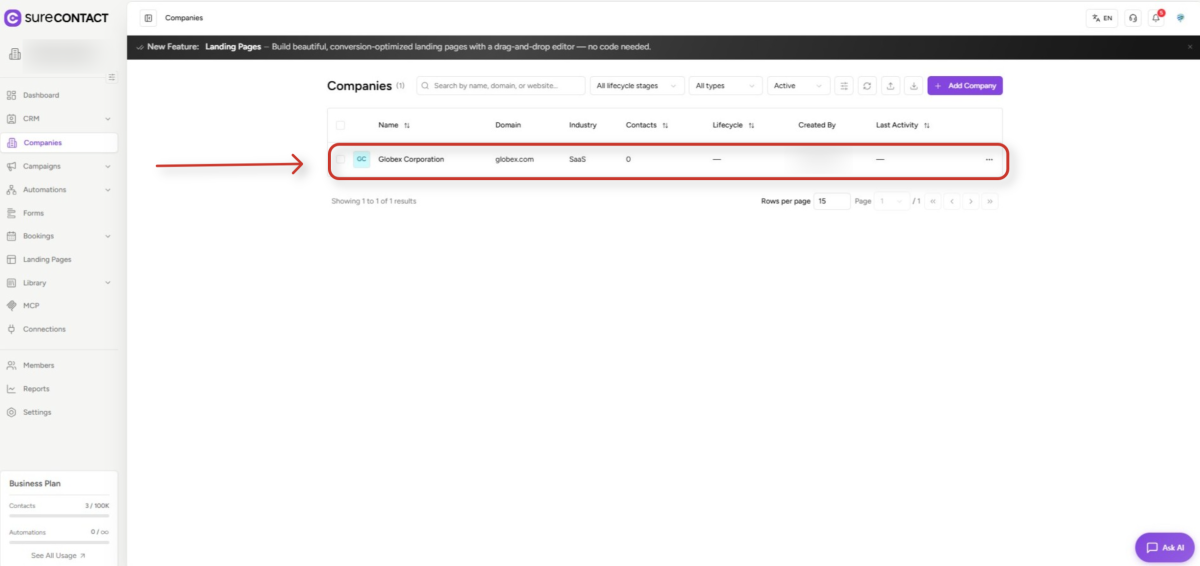 surecontact crm companies management interface