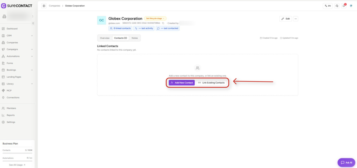 surecontact crm company profile interface