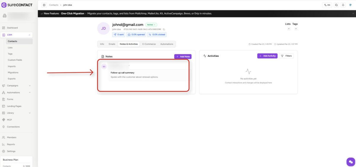 surecontact crm contact notes and activities dashboard