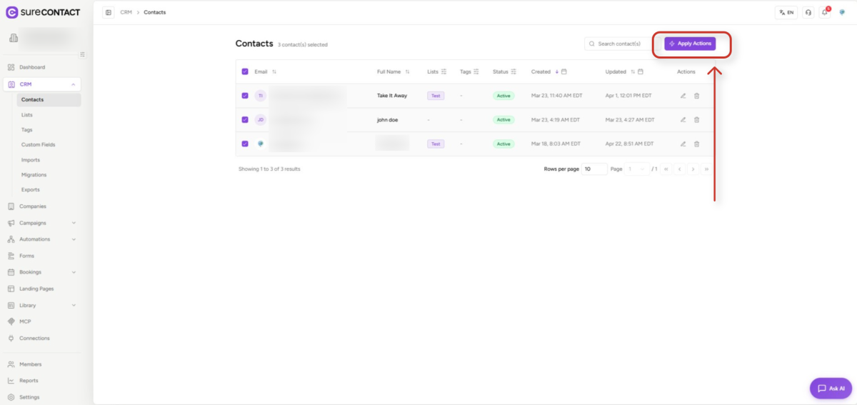 surecontact crm contacts dashboard