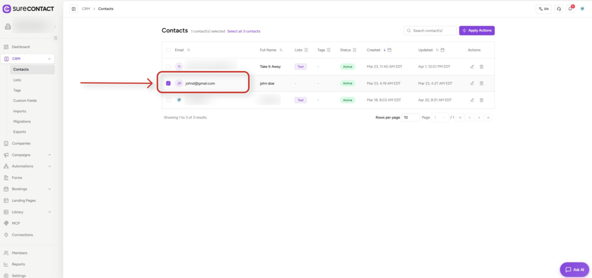 surecontact crm contacts dashboard interface