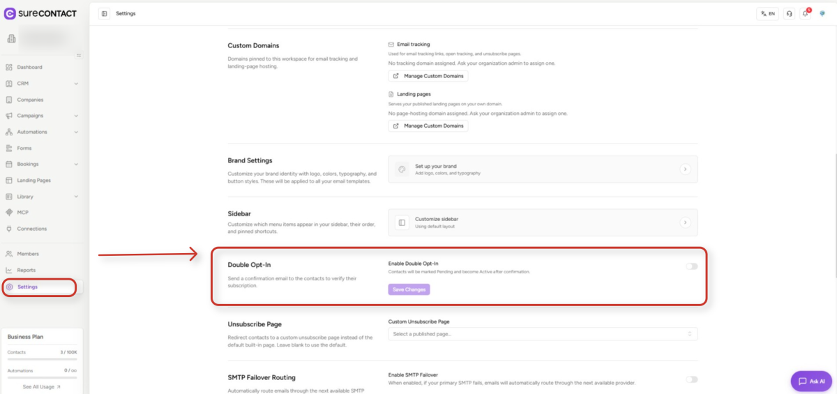 surecontact settings page interface