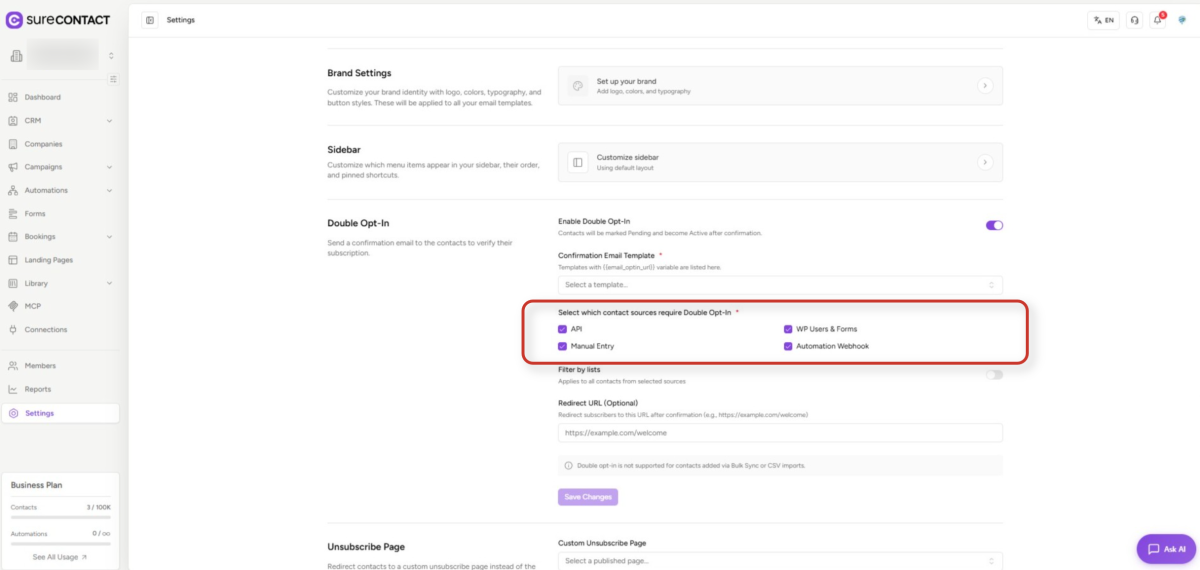 surecontact settings page overview