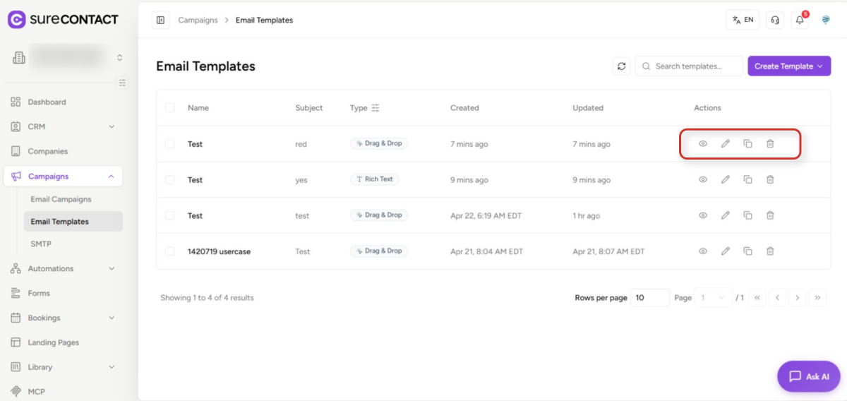 surecontact email templates dashboard