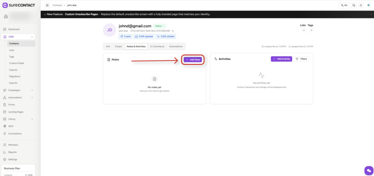 surecontact crm contact notes and activities page