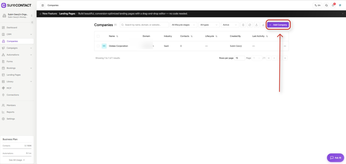 surecontact crm software companies management page
