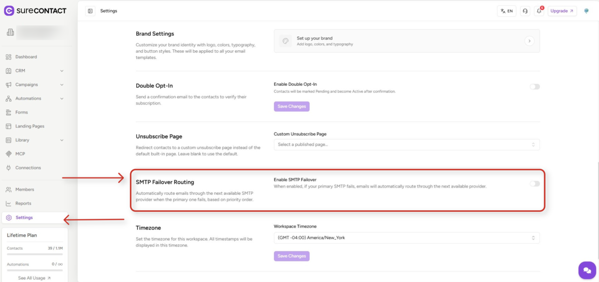 SMTP Routing User Flow surecontact platform settings dashboard