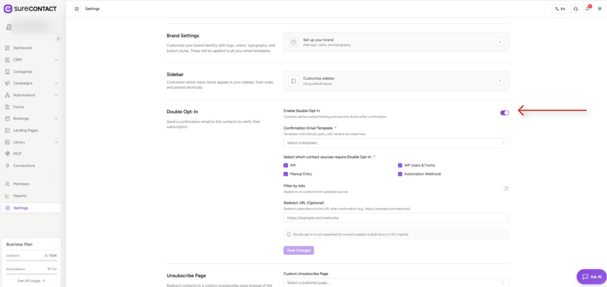 surecontact settings interface overview