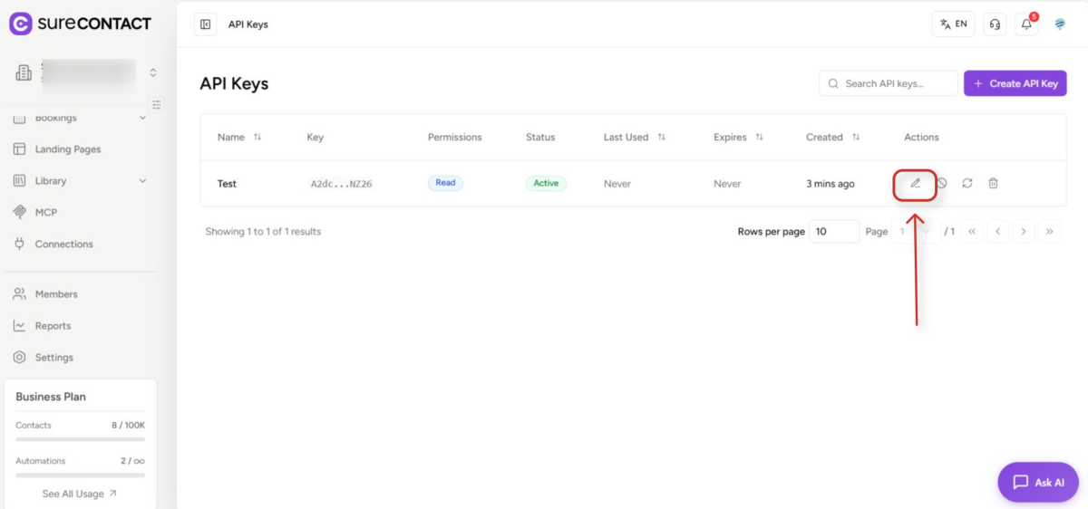 surecontact api keys management dashboard