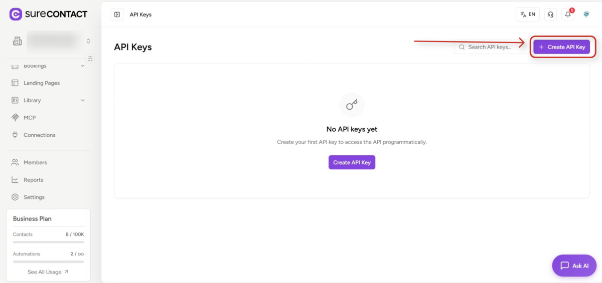 surecontact api keys page