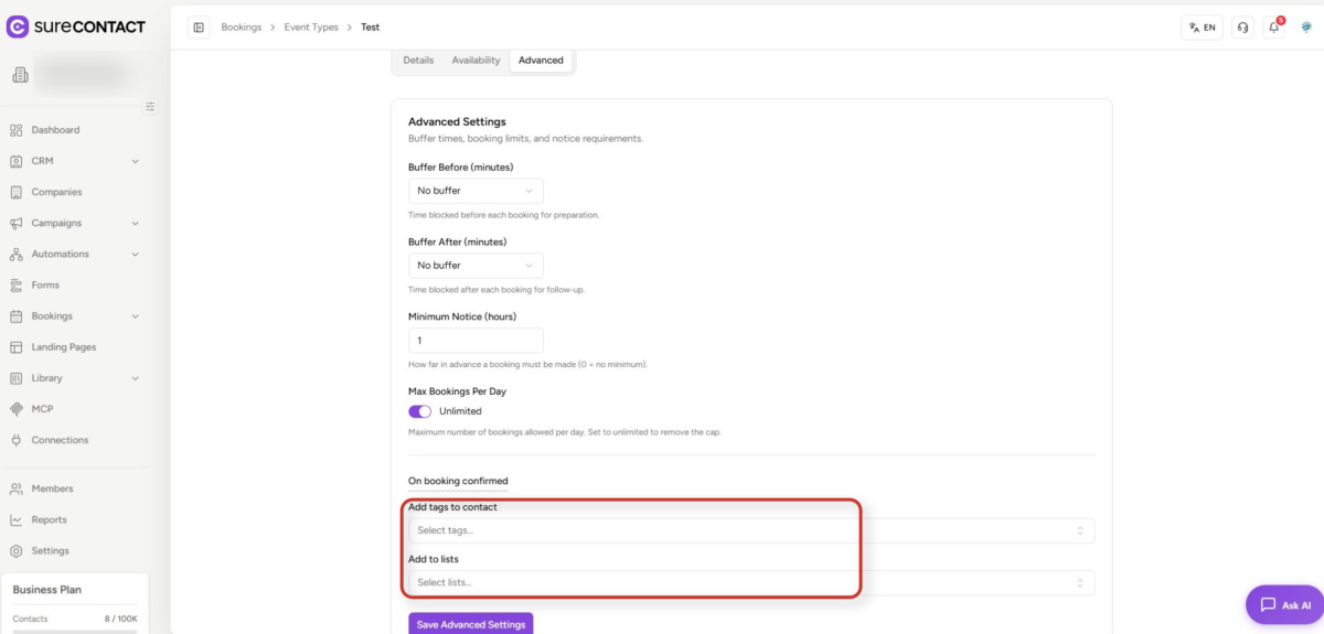 advanced settings for event bookings in surecontact interface