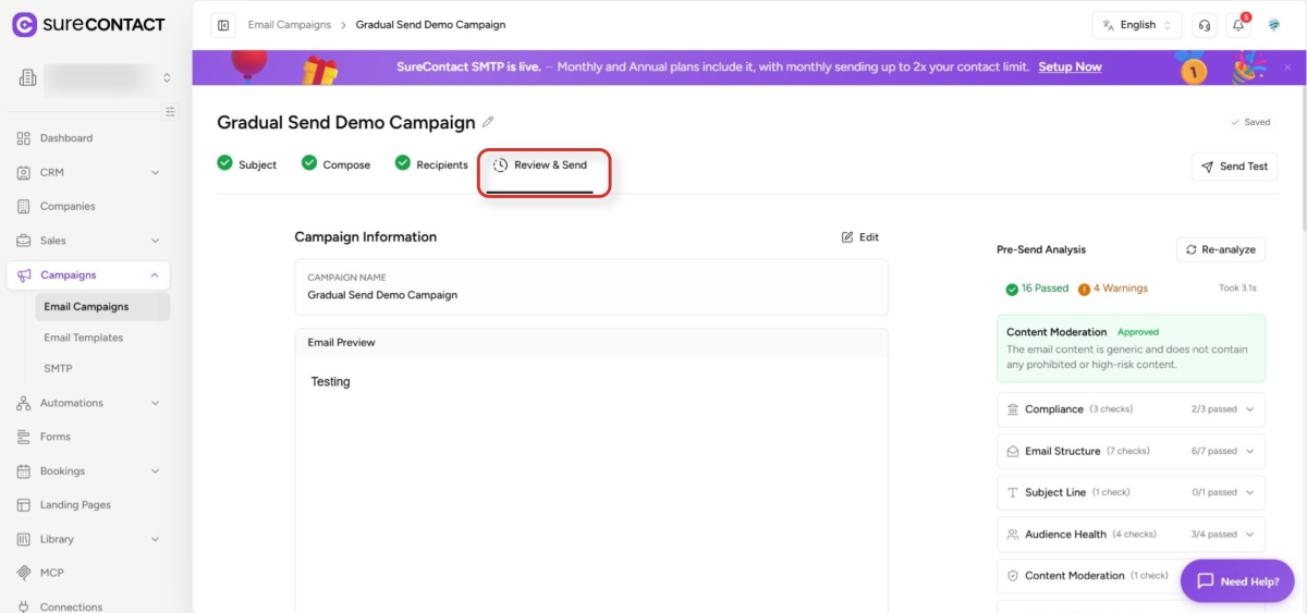 email campaign review and send interface