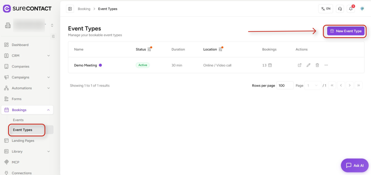 event types management dashboard