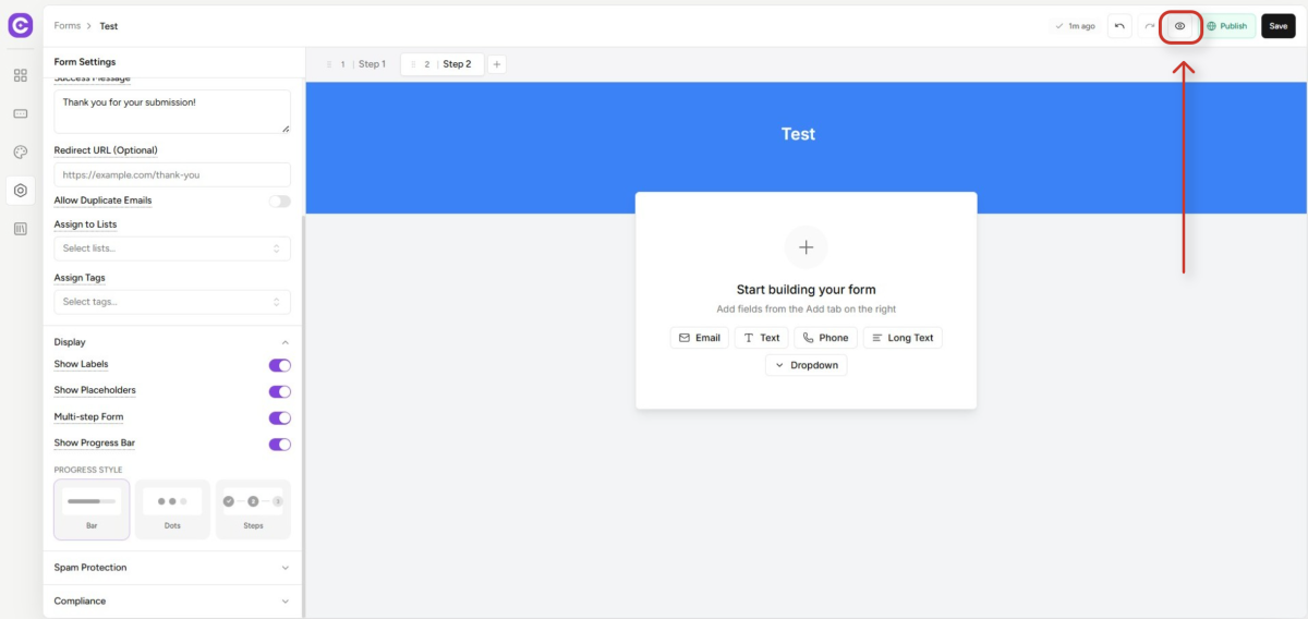 online form builder interface with customization settings