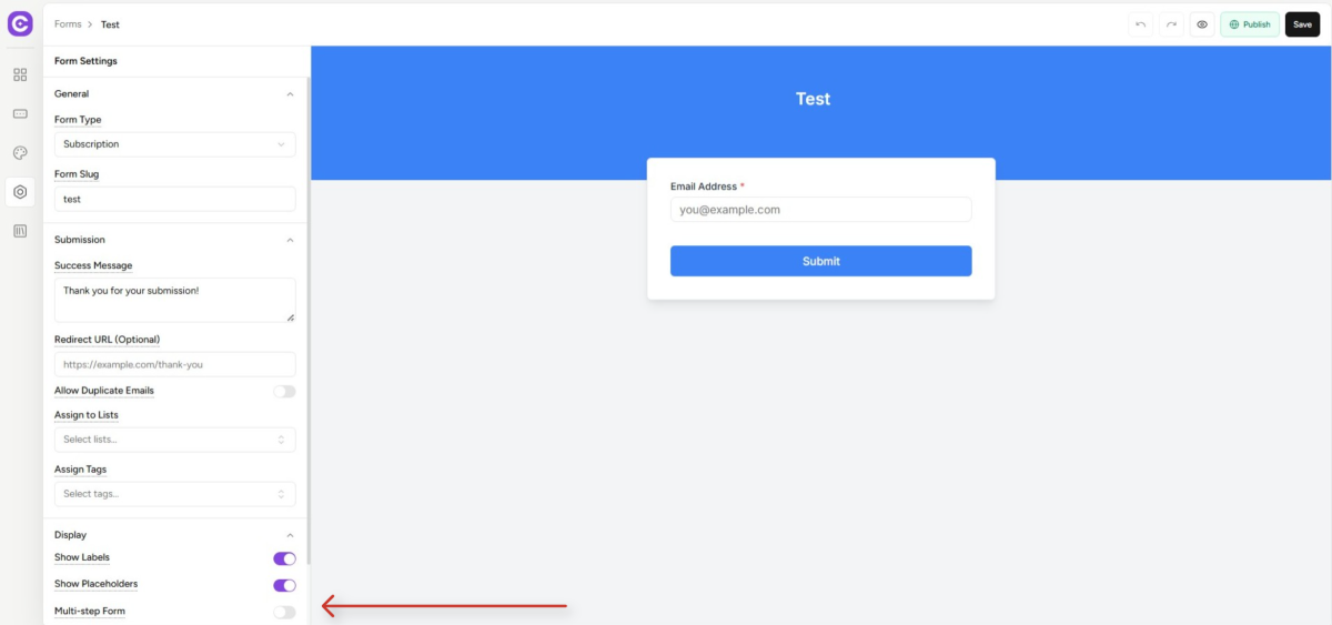 online form builder settings interface