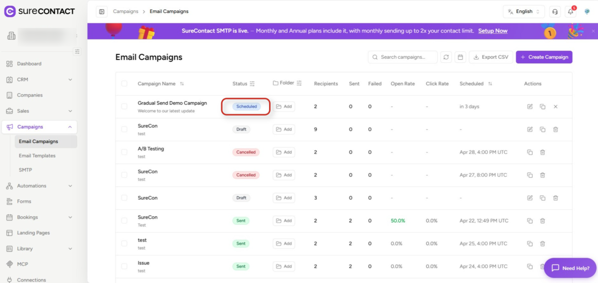 surecontact email campaigns dashboard (1)