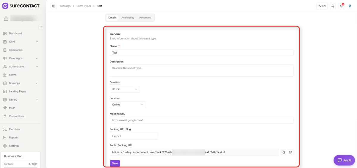 surecontact event type configuration screen