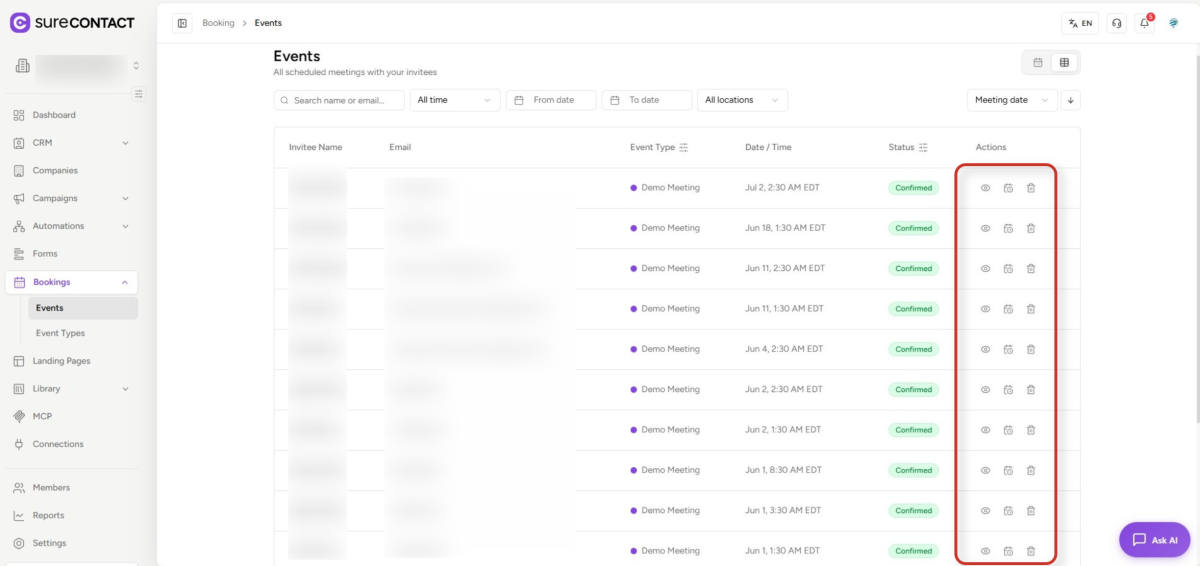 surecontact events management dashboard