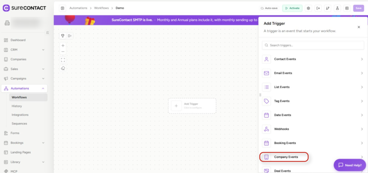 surecontact workflow automation add trigger interface