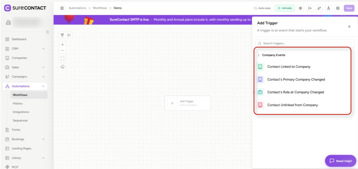 surecontact workflow automation trigger selection interface