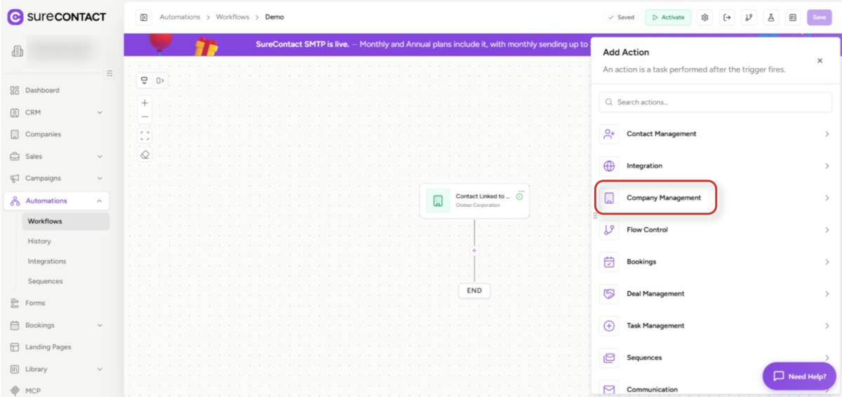 surecontact workflow builder add action sidebar