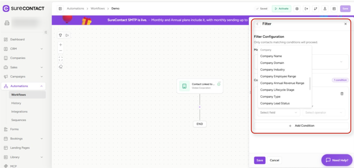 surecontact workflow filter configuration