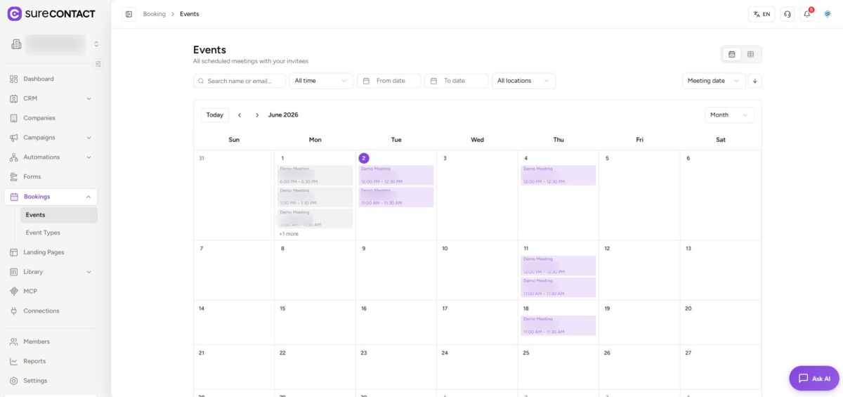surecontact events dashboard with monthly calendar view