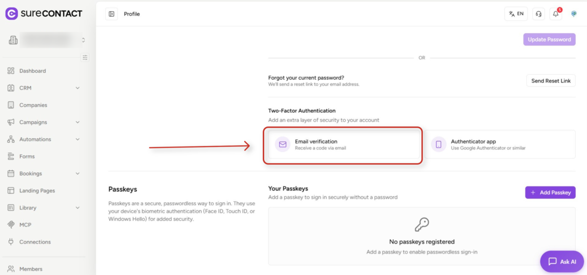 user profile security settings interface