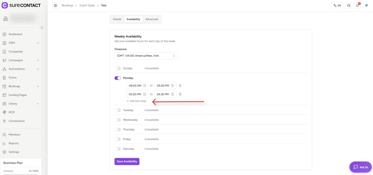 weekly availability settings for a business application interface
