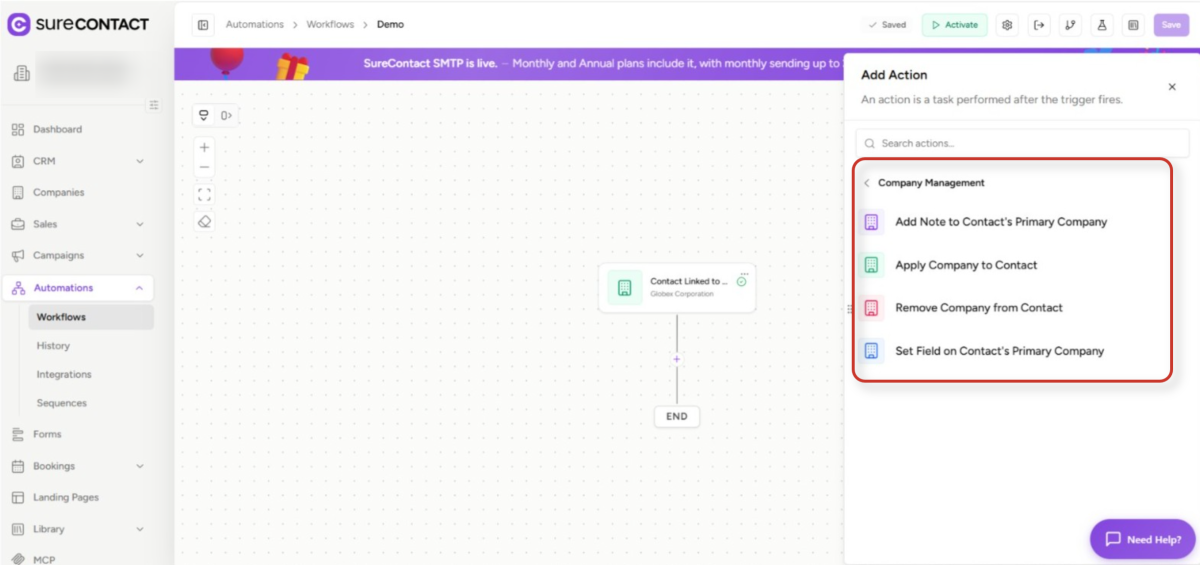 workflow automation platform interface with add action panel