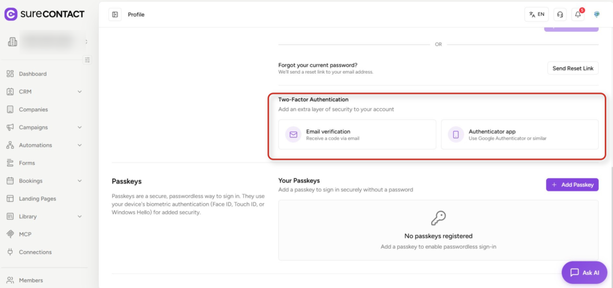 surecontact account security settings