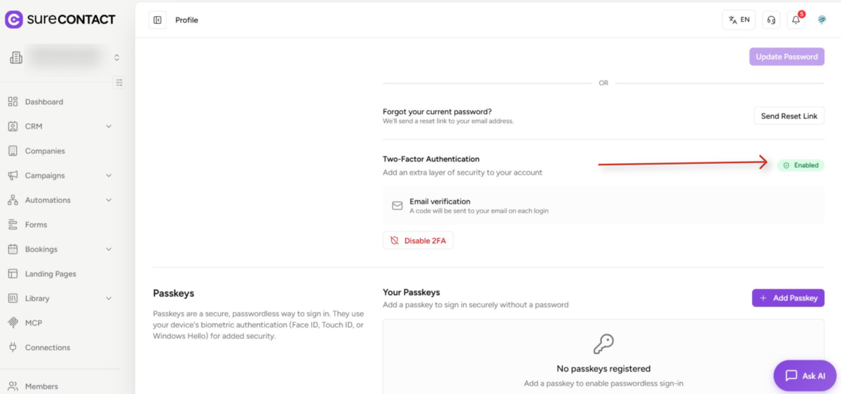 surecontact user profile security settings dashboard