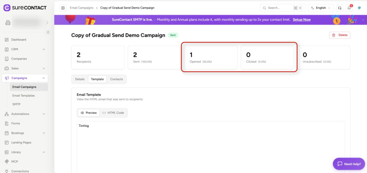 Email Tracking Opens Clicks SureContact email campaign management dashboard with performance metrics
