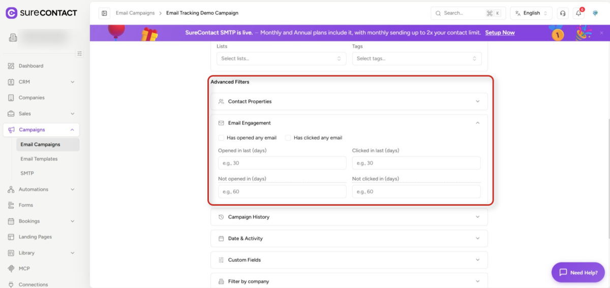 Email Tracking Opens Clicks SureContact email campaign tracking and filter interface