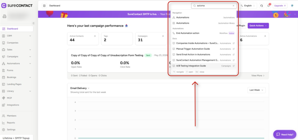 marketing automation software dashboard with search results
