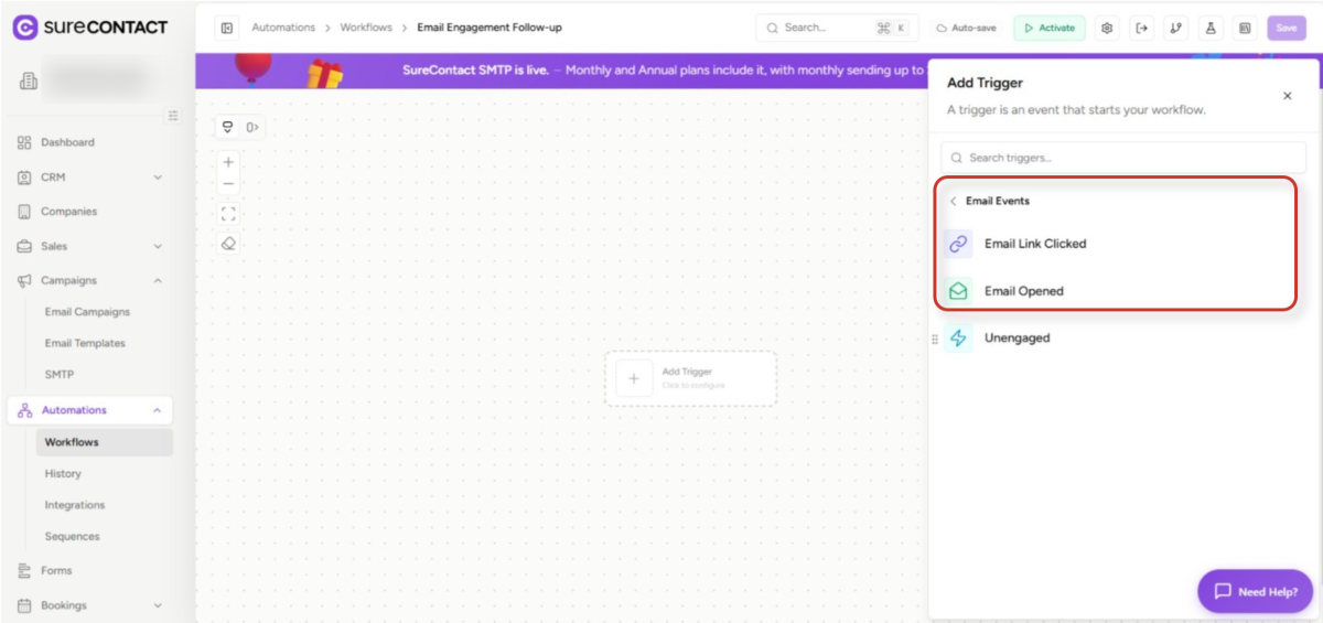 Email Tracking Opens Clicks SureContact marketing automation workflow builder interface with add trigger menu