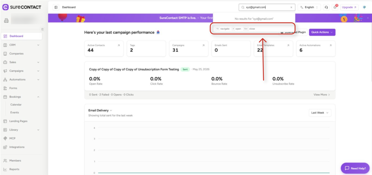 surecontact email marketing dashboard displaying campaign performance and delivery metrics