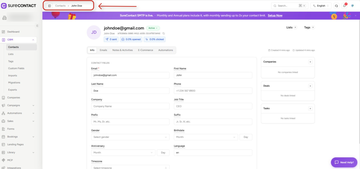 surecontact crm contact details page