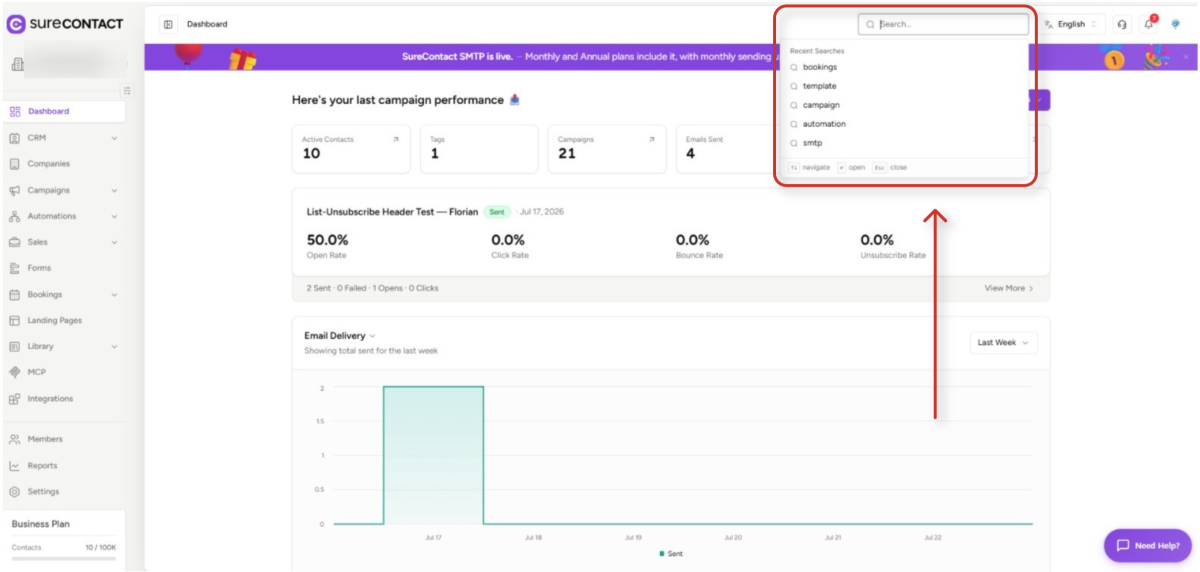 surecontact dashboard displaying email campaign performance and delivery graph
