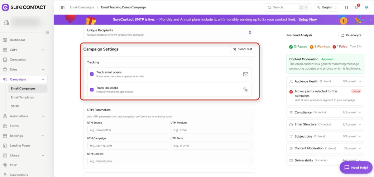 Email Tracking Opens Clicks SureContact surecontact email campaign settings and analysis dashboard