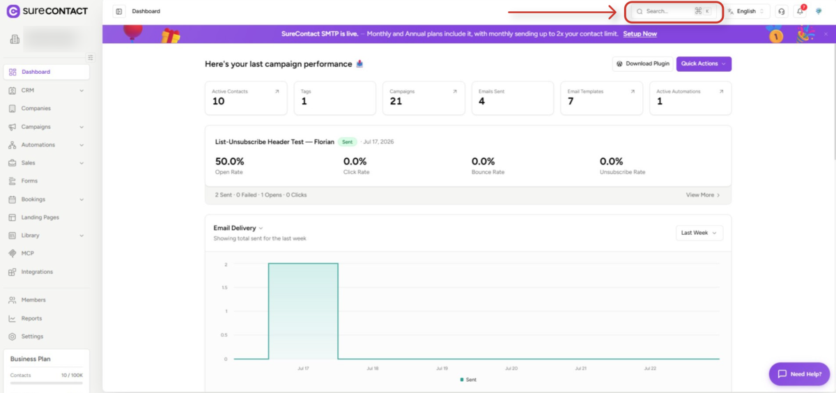 surecontact email marketing dashboard with campaign performance metrics
