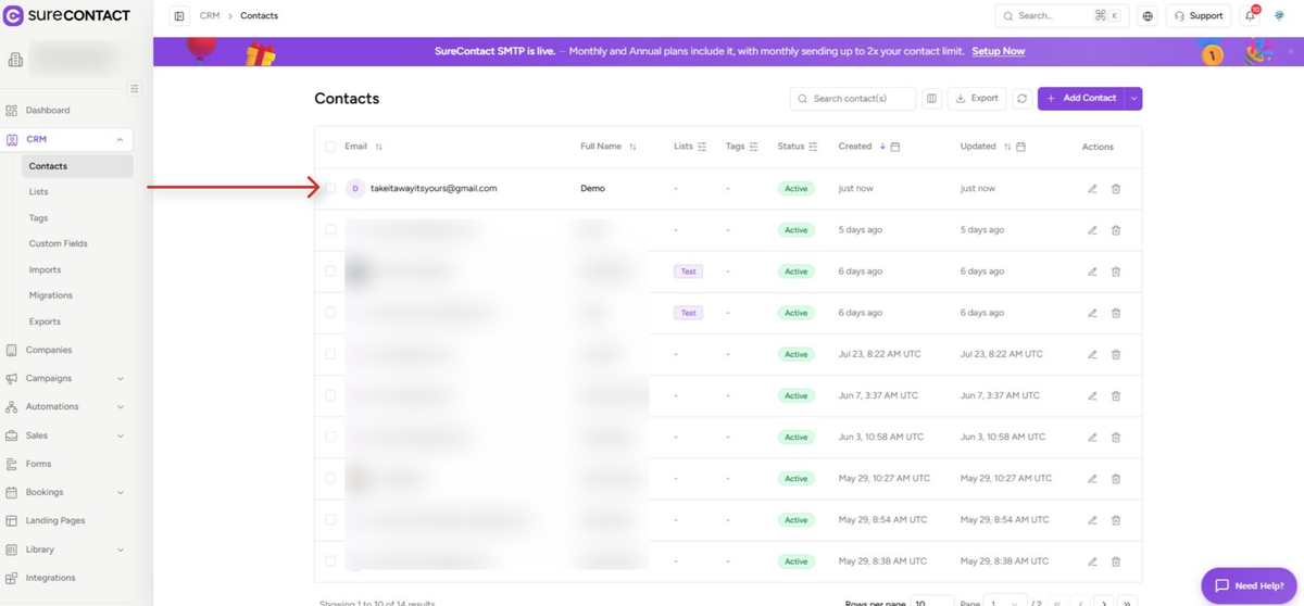 Email Open Tracking Consent SureContact crm application user interface for managing contacts