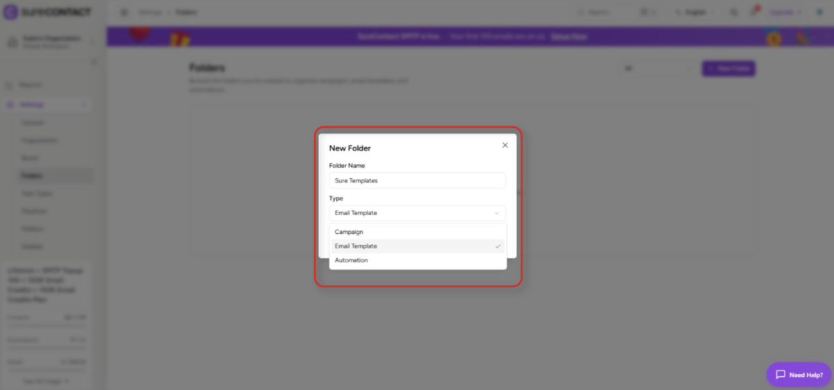 Folders in SureContact creating a new folder in surecontact interface
